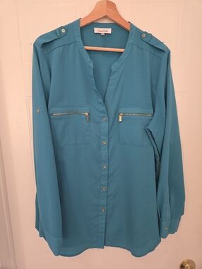 Calvin Klein XL Teal Zip-Pocket Button-Front Blouse